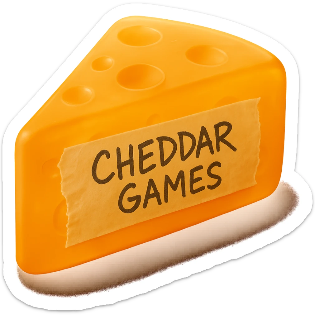Add a piece of torn tape to the side of the cheese wedge that says 'Cheddar Games' in messy Sharpie handwriting. Keep the cheese wedge exactly the same style: hyper-realistic, glowing, retro semi-transparent plastic. No sticker effect or style change to the cheese wedge. The style is hyper-realistic, glowing, retro semi-transparent plastic with no background. sticker