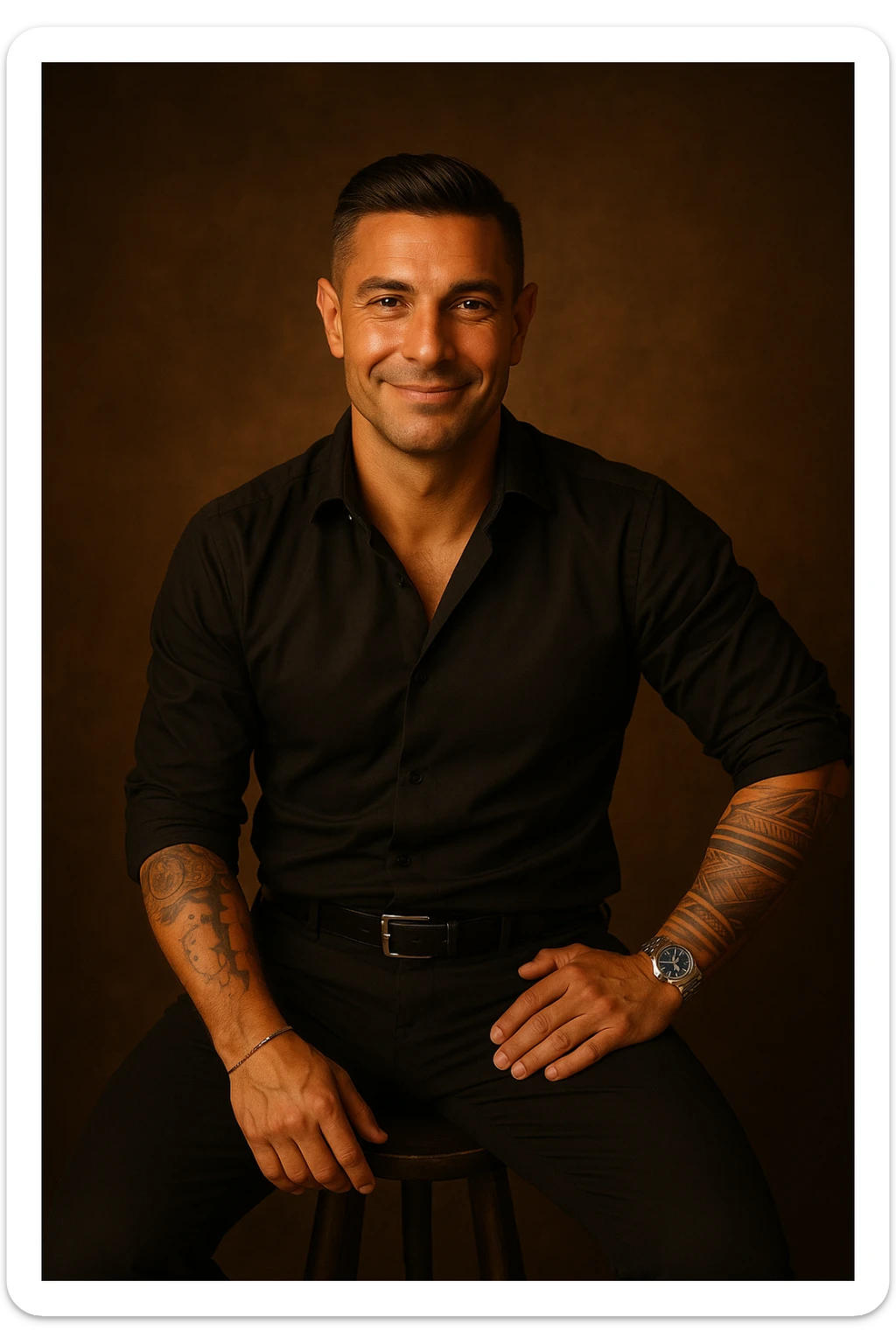 Realistic and cinematic style portrait of a man highlighting health and vitality: healthy skin, lively eyes, expression of satisfaction and serenity, warm atmosphere, details suggesting psychophysical balance. Aspect ratio 2:3. sticker