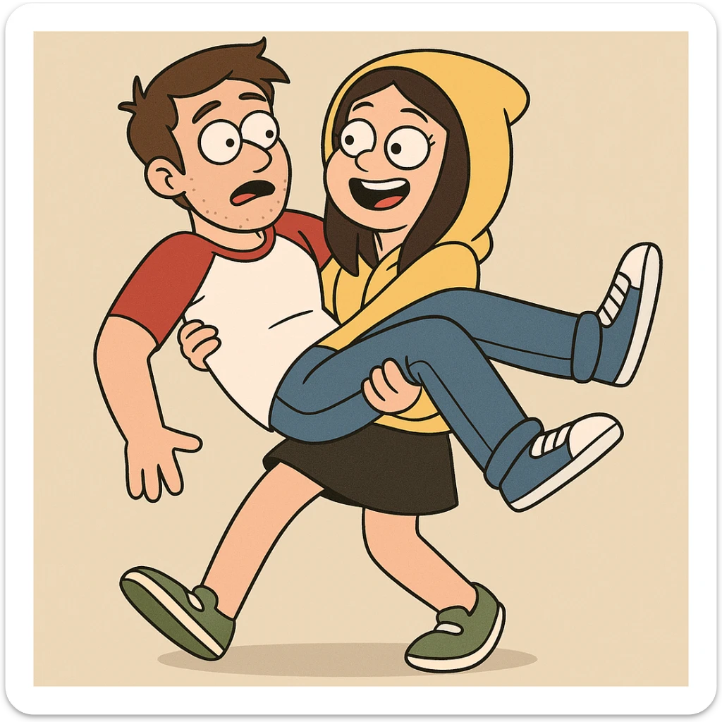 A man Raglan sleeves with Red t-shirts blue jeans white shoes carried by a cute a girl yellow hoodie black skirt green shoe  sticker