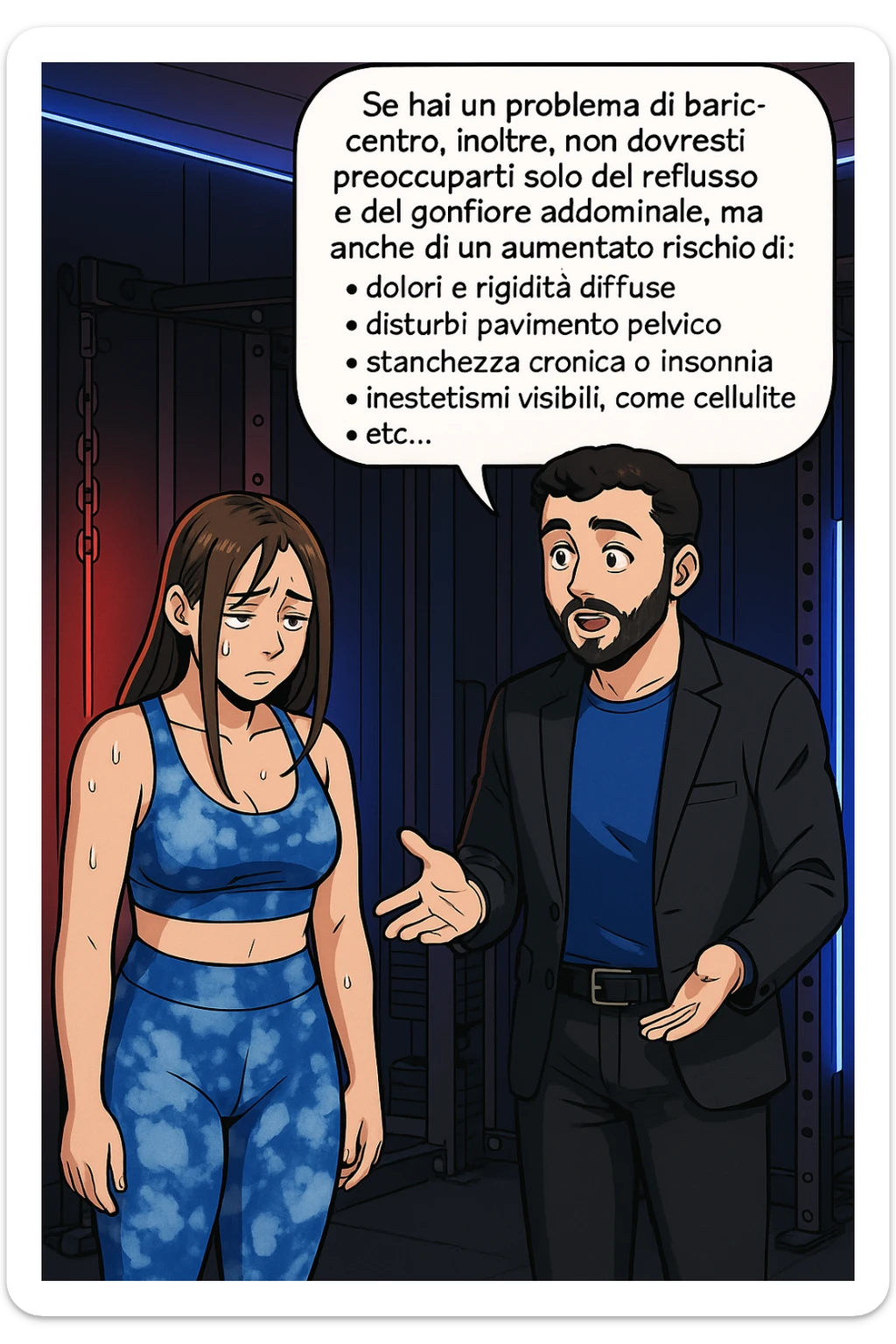 TRASFORMA QUESTO CAROSELLO IN UN FUMETTO STILE WEBTOON/MANGA A COLORI CON QUESTE DUE PERSONE IDENTICHE CHE INTERLOQUISCONO TRA LORO, L'uomo sta spiegando alla donna questo concetto:

Se hai un problema di baricentro, inoltre, non dovresti preoccuparti solo del reflusso e del gonfiore addominale, ma anche di un aumentato rischio di:
    • dolori e rigidità diffuse
    • disturbi pavimento pelvico
    • stanchezza cronica o insonnia
    • inestetismi visibili, come celluluite
    • etc… sticker