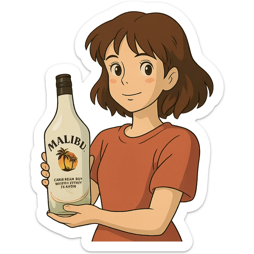 ghibli style young woman holding a bottle of Malibu sticker