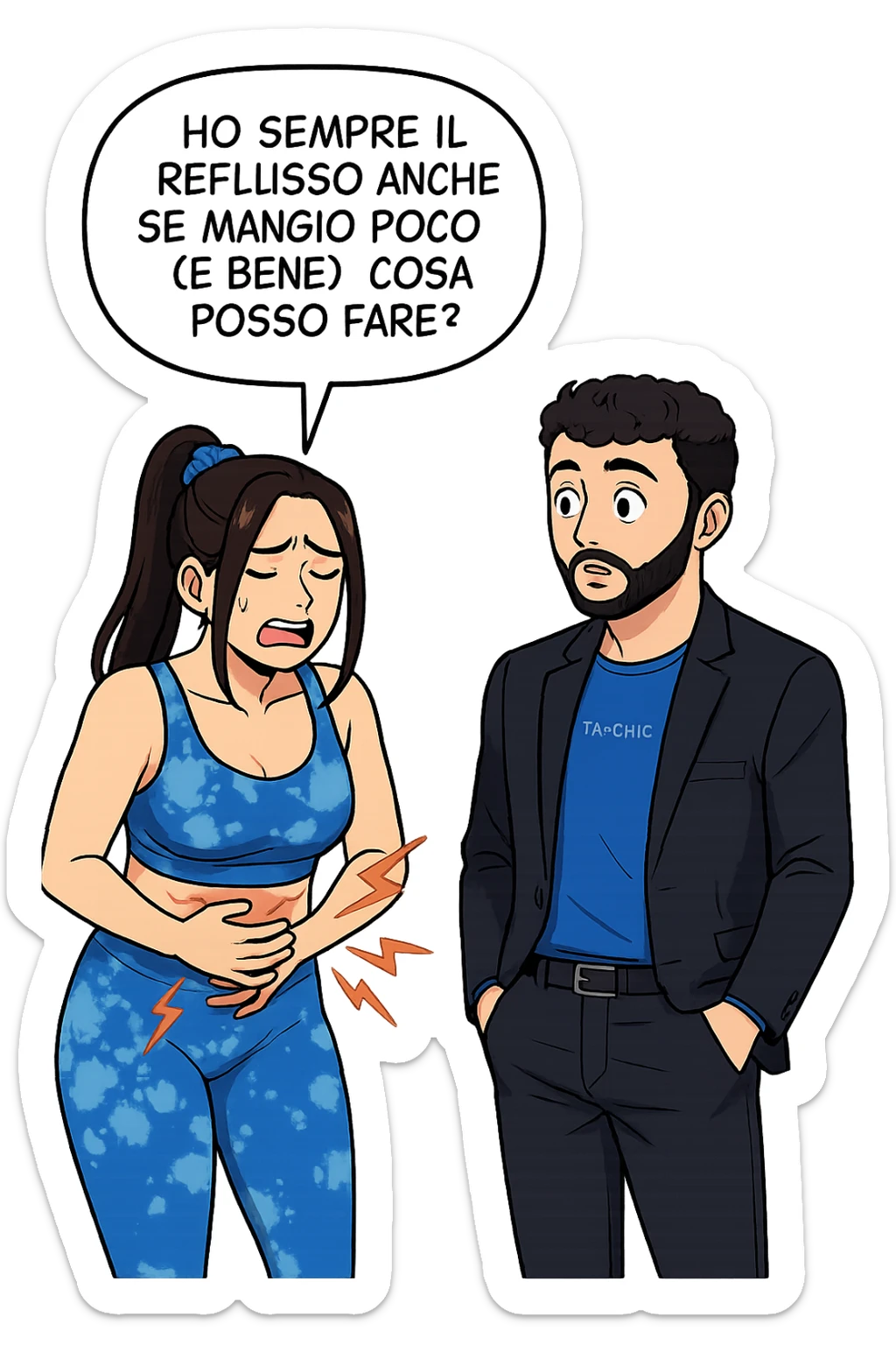 TRASFORMA QUESTO CAROSELLO IN UN FUMETTO STILE WEBTOON/MANGA A COLORI CON QUESTE DUE PERSONE IDENTICHE CHE INTERLOQUISCONO TRA LORO, LA DONNA è DISPERATA CON LE MANI sulla pania perché soffre di reflusso E STA DOMANDANDO TUTTA AGITATA UNA COSA ALL'UOMO:

LEI (DONNA): Ho sempre il reflusso anche se mangio poco (e bene), cosa posso fare?
 sticker