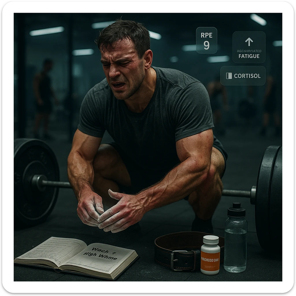 A muscular man in his early 30s, mid-workout in a gym, sweating heavily, expression showing fatigue and strain but still focused. He’s performing heavy barbell squats or deadlifts, with chalk-covered hands, and a visible training logbook nearby showing notes like 'Week 4 – High Volume'. Slight dark circles under his eyes, subtle red irritation around joints and tendons, symbolizing overuse. A water bottle, magnesium supplement, and lifting belt on the floor. Background: a real gym environment with other athletes, slightly blurred. Ambient lighting: cool tones with overhead gym lights. Optional floating icons showing high RPE, accumulated fatigue, cortisol levels slightly elevated. Style: cinematic realism, emotionally intense yet grounded in sports physiology. sticker