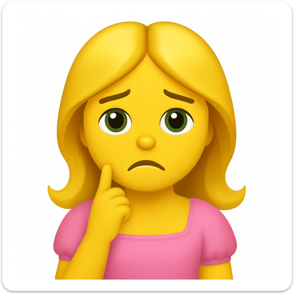 Create an iOS emoji style image of a blonde with long hair, green swamp eyes, and a pink pastel dress with a sad expression. Keep all facial features, clothes, and hairstyle from the reference image. sticker