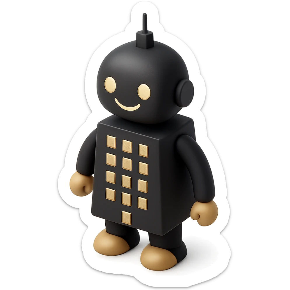 a smiling robot with a skyscraper-like body sticker