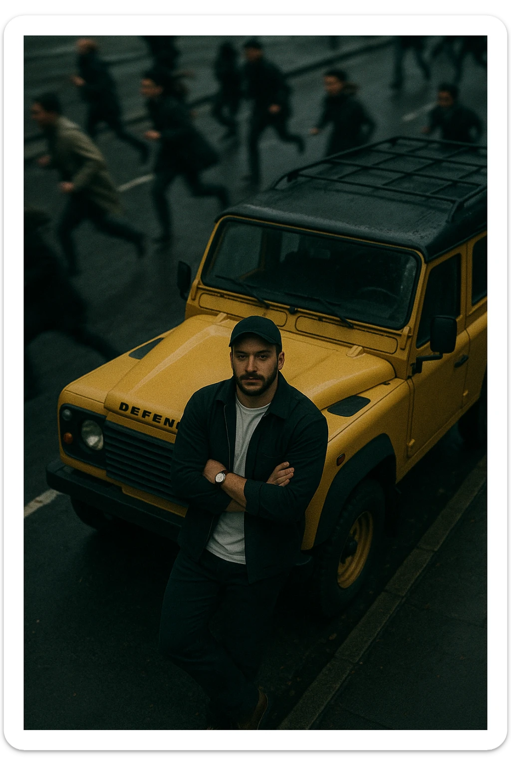 An aerial cinematic shot of me leaning against a yellow land rover defender on the street, wearing a t-shirt under a black jacket. A blurry crowd of people running around me. Gloomy lighting, 35mm film style, shallow depth of field, sharp focus on me.  sticker