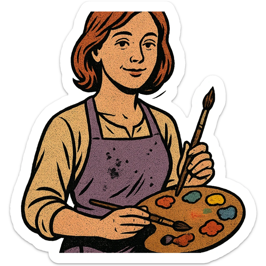 Serene female oil painter, Caucasian features, shoulder-length auburn hair, soft brown eyes, gentle smile, wearing a violet painter’s apron lightly stained with paint over a beige blouse, holding a wooden palette with vibrant colors in one hand and a brush in the other, waist-up, front-facing sticker