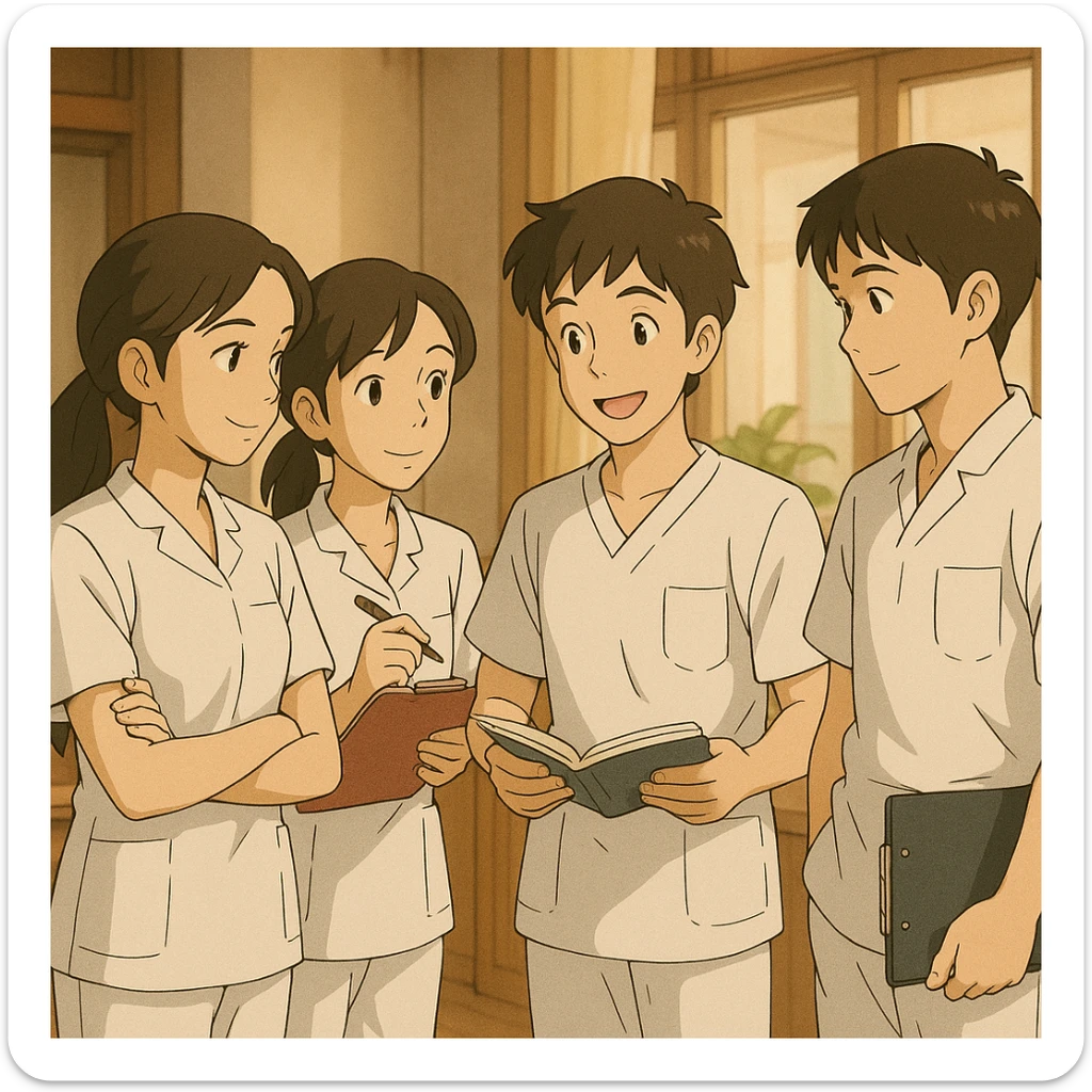 Groupe de quatre étudiants infirmiers, style Ghibli, en train de discuter et collaborer à l'intérieur. Uniformes médicaux blancs, manches courtes, col en V, poche poitrine à gauche, avant-bras découverts, cheveux longs attachés, pas de stéthoscopes ni pied de col. Atmosphère conviviale et studieuse. sticker