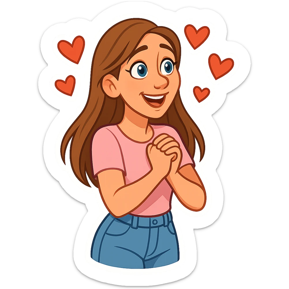 3D cartoon sticker, DreamWorks style of a 30-year-old woman with long light brown hair below shoulder blades, fair skin, large expressive blue eyes, slight bump on nose, wearing a pastel pink t-shirt and light blue mom jeans, in love with hearts around head, soft light, white sticker outline sticker