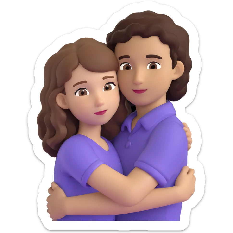 girl with long light brown hair and pale skin hugging a boy with short black curly hair and tanned skin sticker