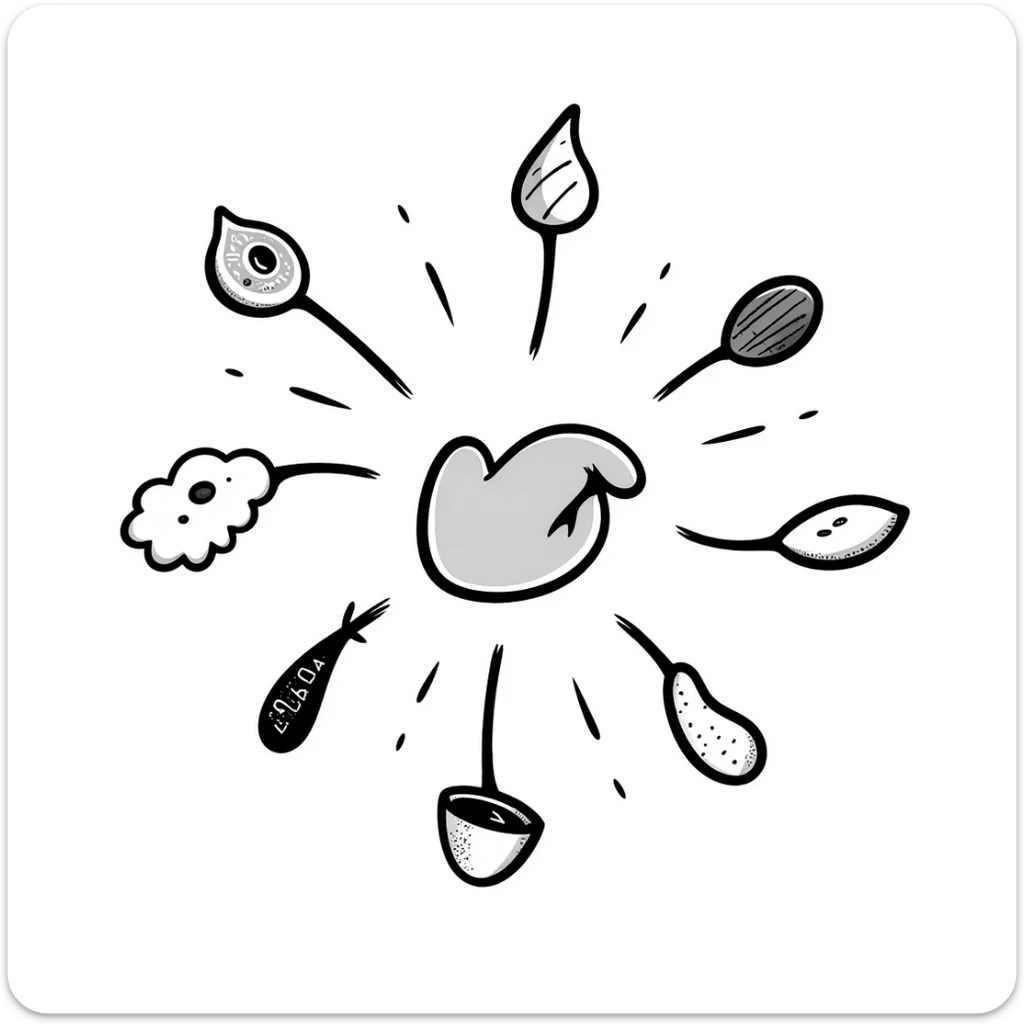 Glowing muscle fibers in the center, with protein foods (meat, egg, beans, tofu, yogurt) floating around but connected to each other forming a unified chain or cluster orbiting the muscle fibers. sticker