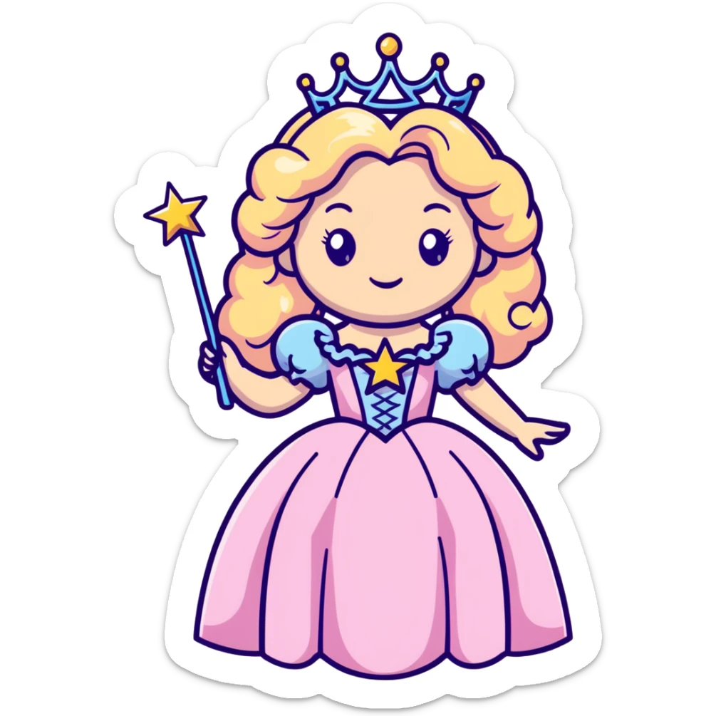Glinda the Good Witch with long blonde curly hair, sparkling tiara, puffy pink ballgown, and magic wand with star sticker