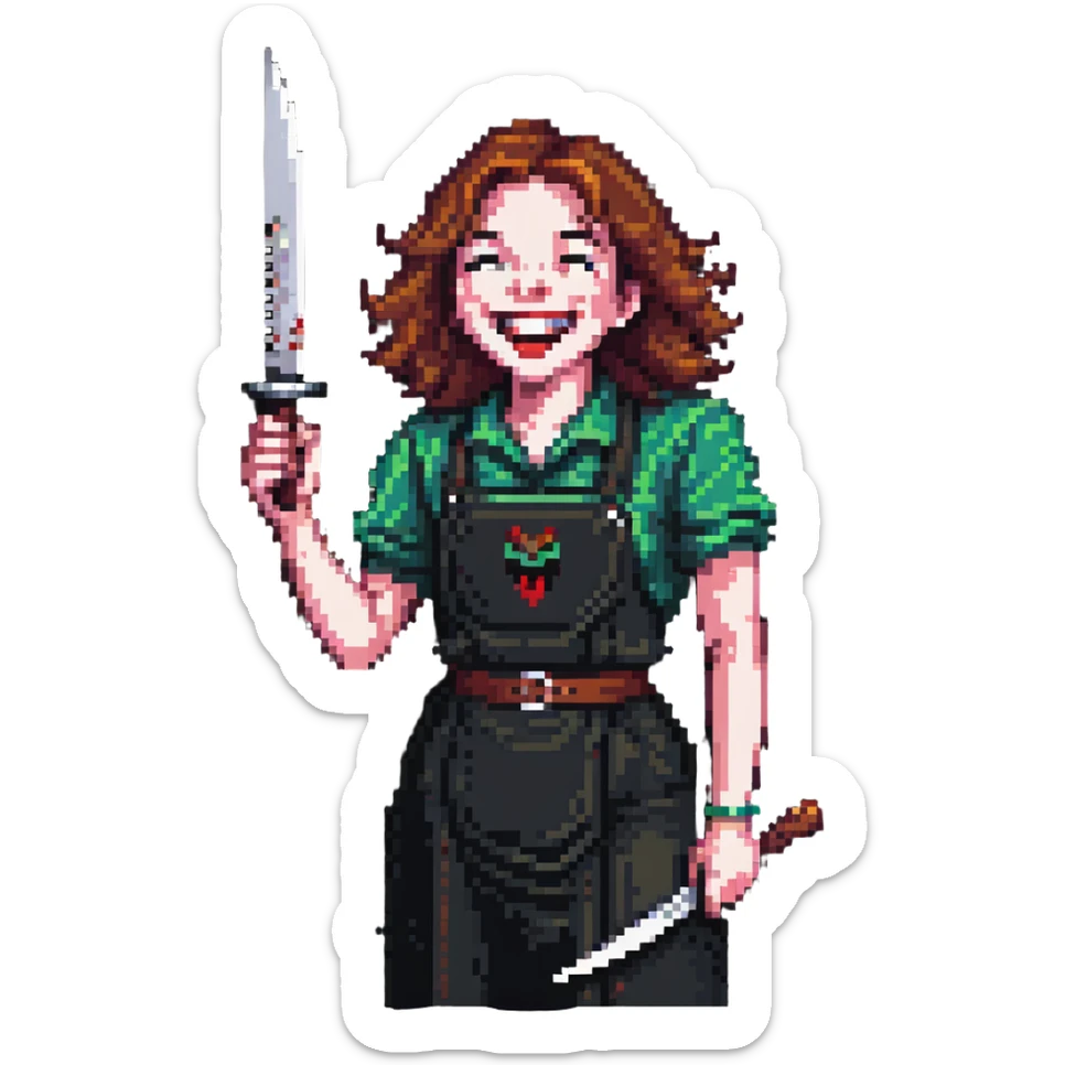 pixelated savage person in 1988 fashion with neon colors, holding knife, wicked laugh sticker