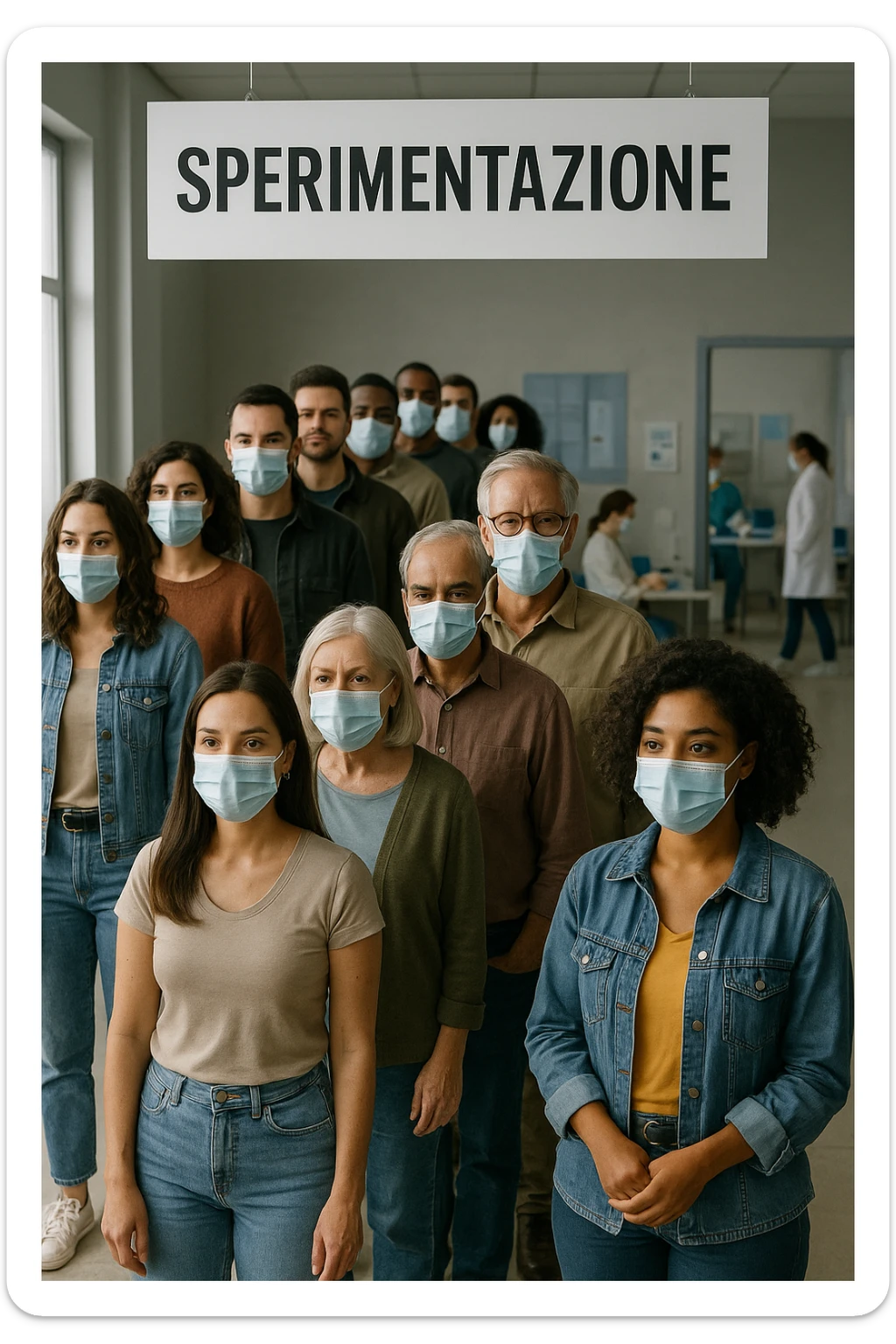 donne e uomini che fanno fila per i vaccini, chiamati "Sperimentazione" sticker