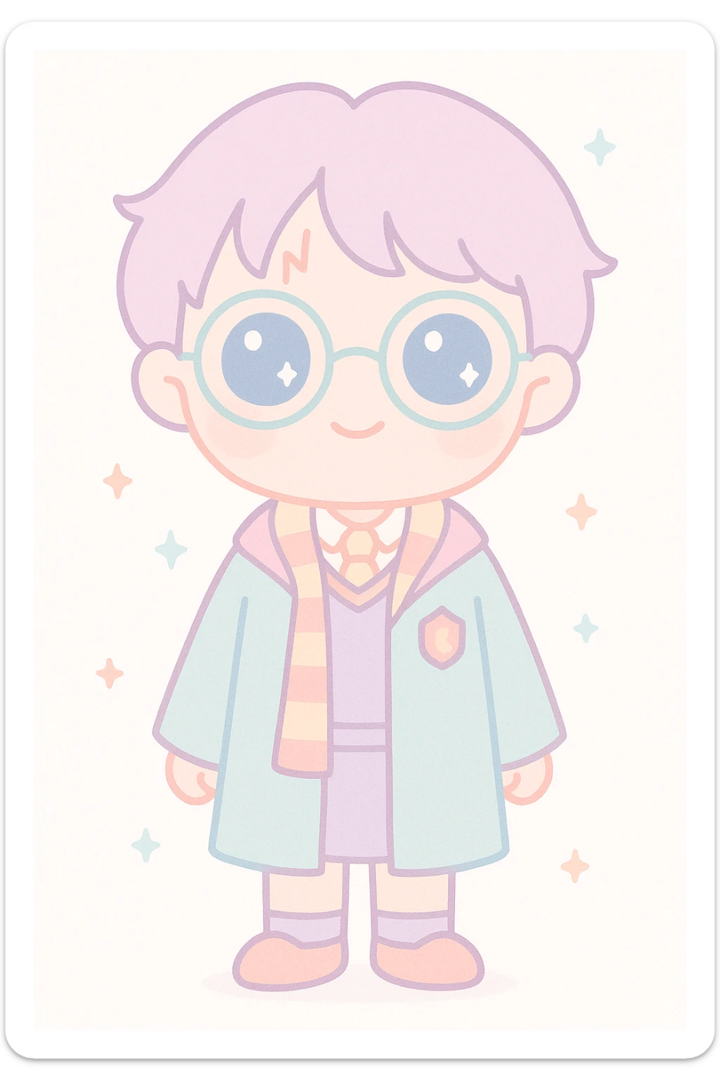 full body cute style character inspired by Harry Potter, big eyes, traditional Gryffindor uniform, round glasses, lightning scar on forehead, neutral friendly expression, standing sticker