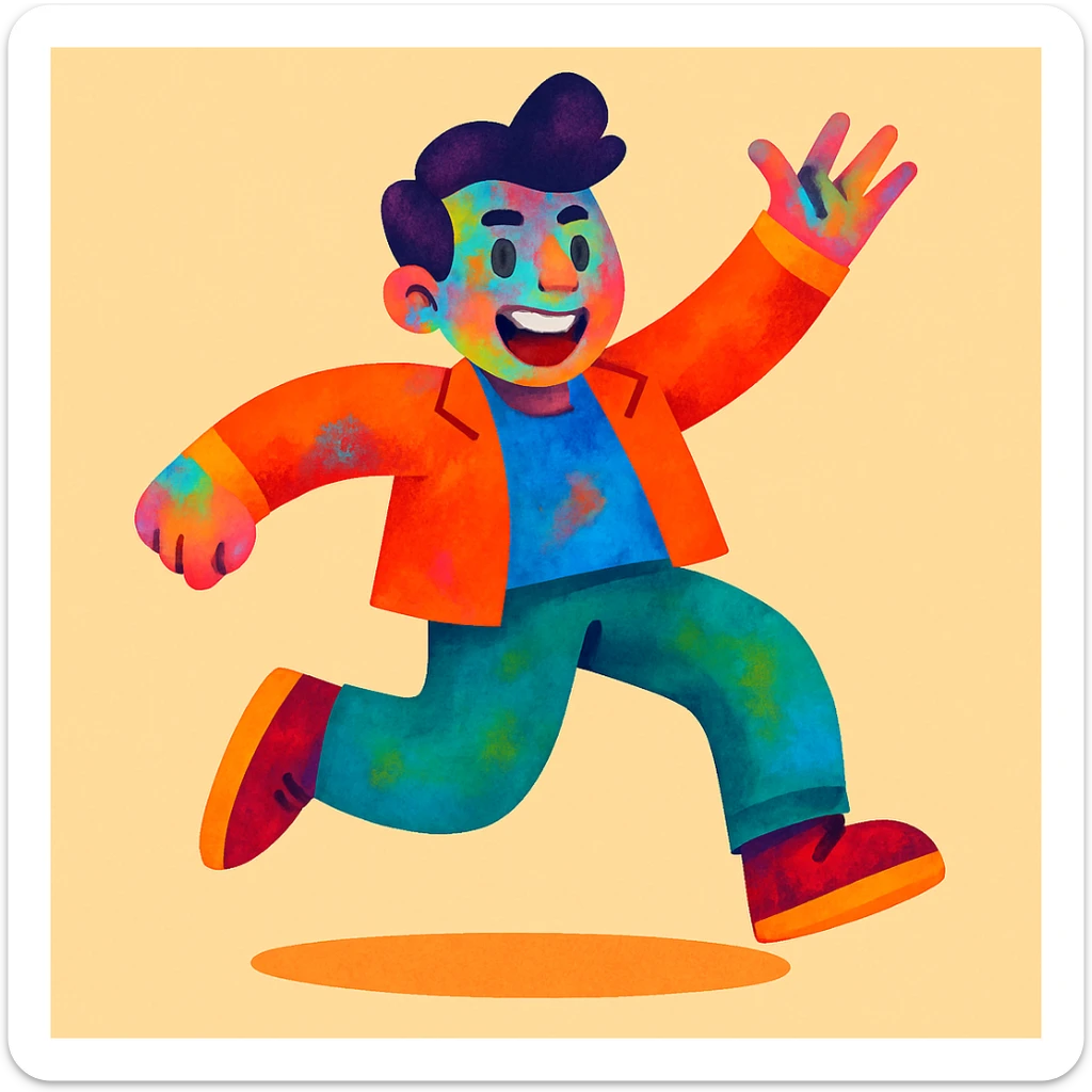 Make the man's skin colorful, with vibrant, lively hues and a playful, artistic look, keeping the energetic style and expression. sticker