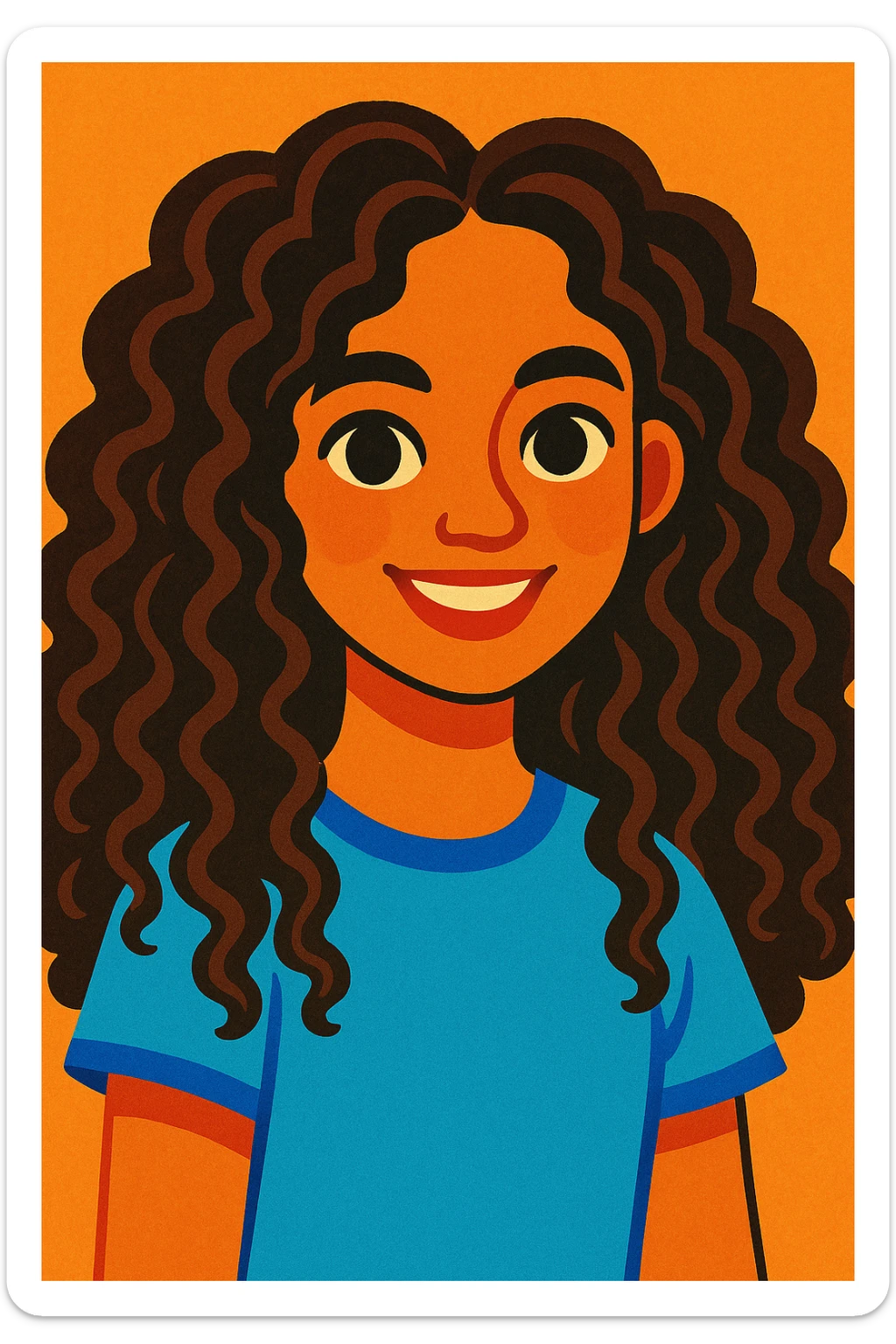 portrait of a girl with long curly brown hair type 3a and dark brown eyes, vibrant and friendly illustration style sticker