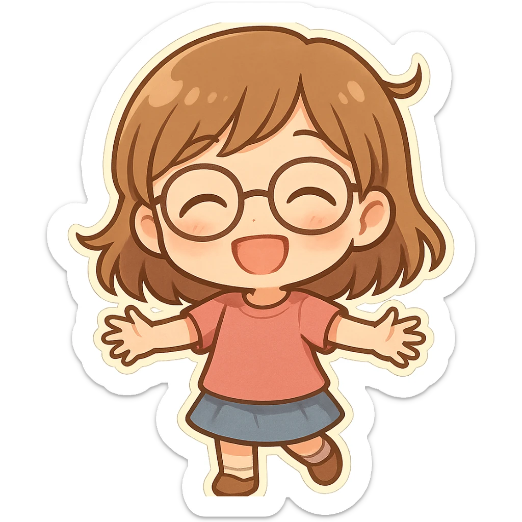 chibi sticker of a cheerful 10 year old girl with light brown hair and glasses, smiling, no text sticker