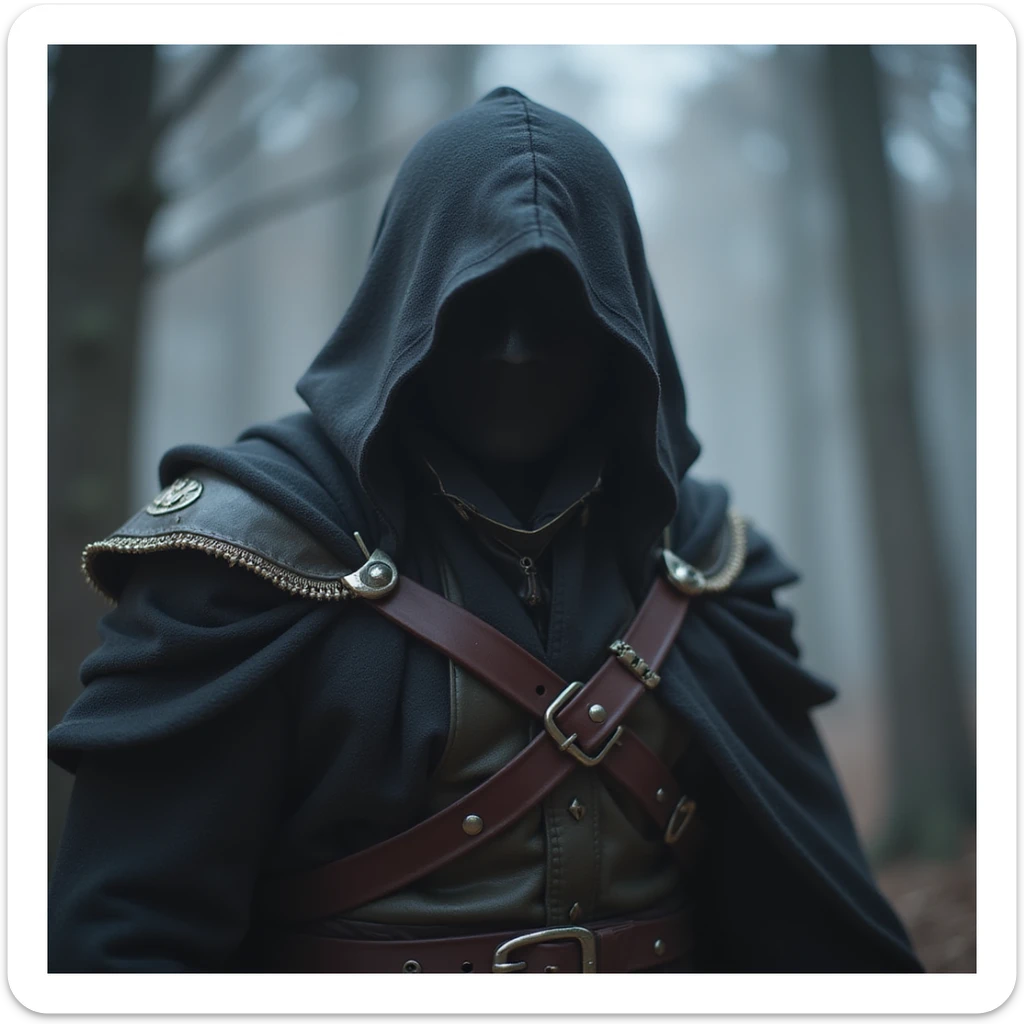 realistic fantasy style full body mysterious League of Legends assassin in a hood, face clearly visible sticker