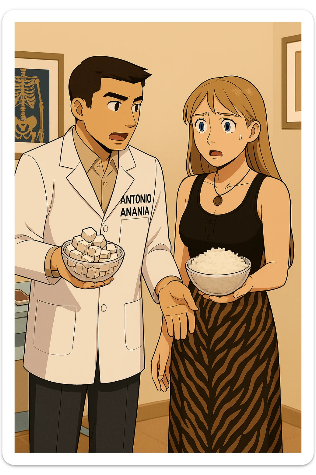 prendi spunto da questA immagiNE e fai un webtoon/manga a colori con questo kinesiologo in camice bianco (fagli la scritta "ANTONIO ANANIA" SUL CAMICE) CHE PARLA CON QUESTA RAGAZZA CON GLI OCCHI AZZURRI. la ragazza FA UNA FACCIA SCONVOLTA E SCIOCCATA, e IL KINESIOLOGO CON IL CAMICE BIANCO le SPIEGA UNA COSA CON UNA BOWL DI ZOLLETTE DI ZUCCHERO NELLA MANO DESTRA E UNA BOWL DI RISO BIANCO NELLA MANO SINISTRA. NON FARE I FUMETTI, FAI SOLO LORO COME SE DIALOGASSERO sticker