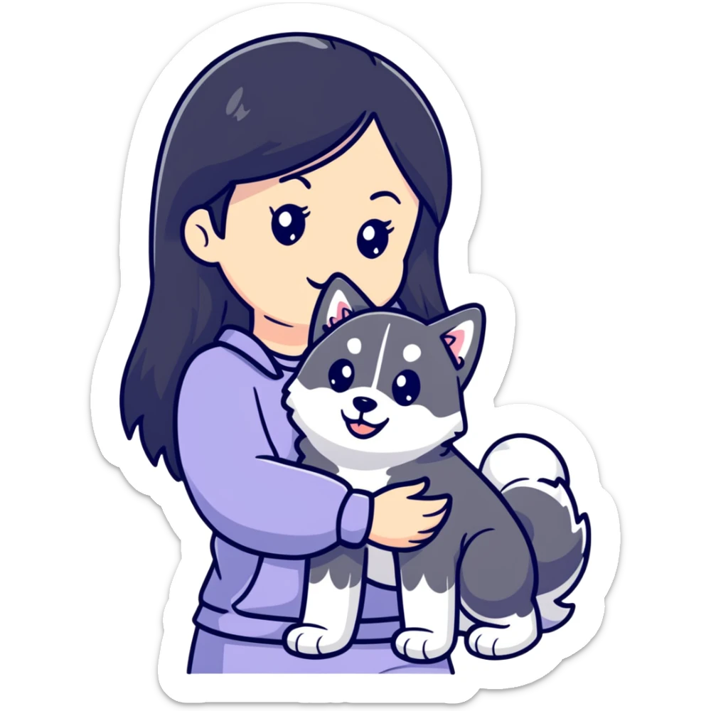 beautiful girl with long black hair holding a cute husky puppy sticker