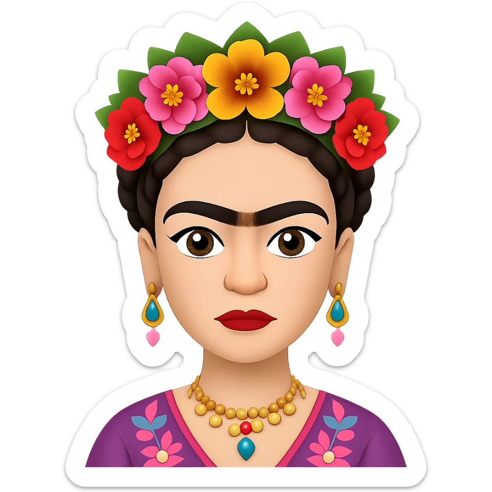 Add a more prominent unibrow to Frida Kahlo in the style of emoji. Keep the transparent background. sticker