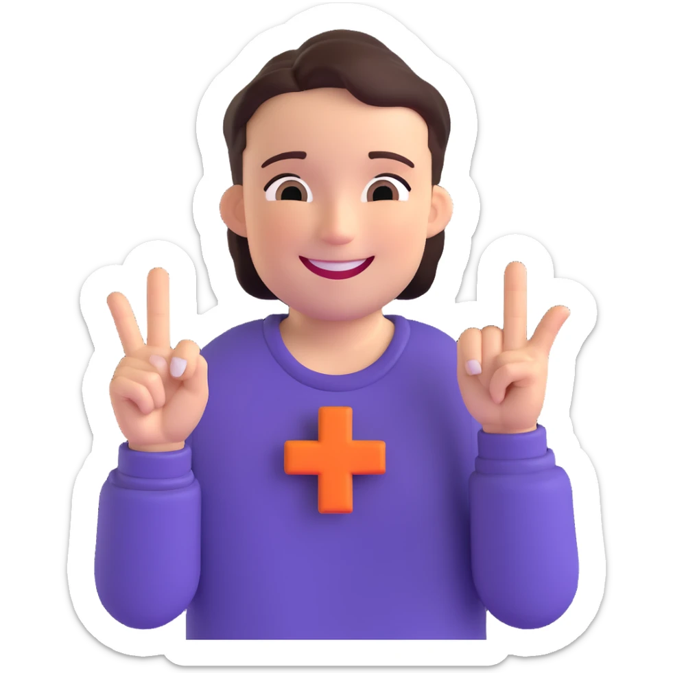a friendly person smiling and forming a plus sign with their fingers in front of their chest, one hand horizontal, one vertical, lively and positive expression sticker