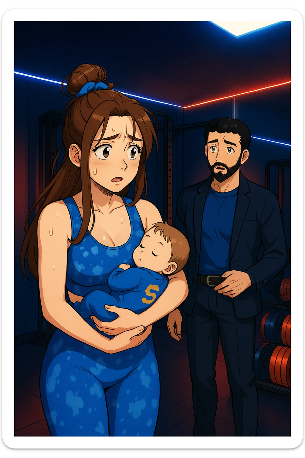 ispirati a questo stile di disegno e fai questa immagine in versione manga/webtoon a colori, il manga mostra la donna preoccupata con un neonato in braccio con una tutina azzurra e la scritta "S" sulla schiena, la donna gli sta facendo una domanda all'uomo, ma non fare i fumetti, fai come se stessero parlando sticker