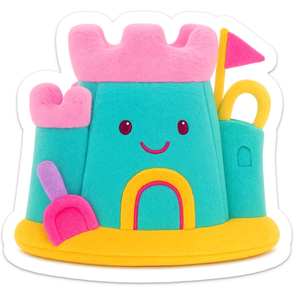 Make the stuffed animal jellycat sand castle more colorful with playful pastel and bright accents, keep the plush texture, no background, soft plush toy style sticker