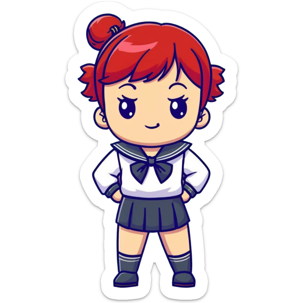 Serious anime girl with short bright red hair wearing Japanese sailor style school uniform, composed expression with hand on hip, confident and stern sticker