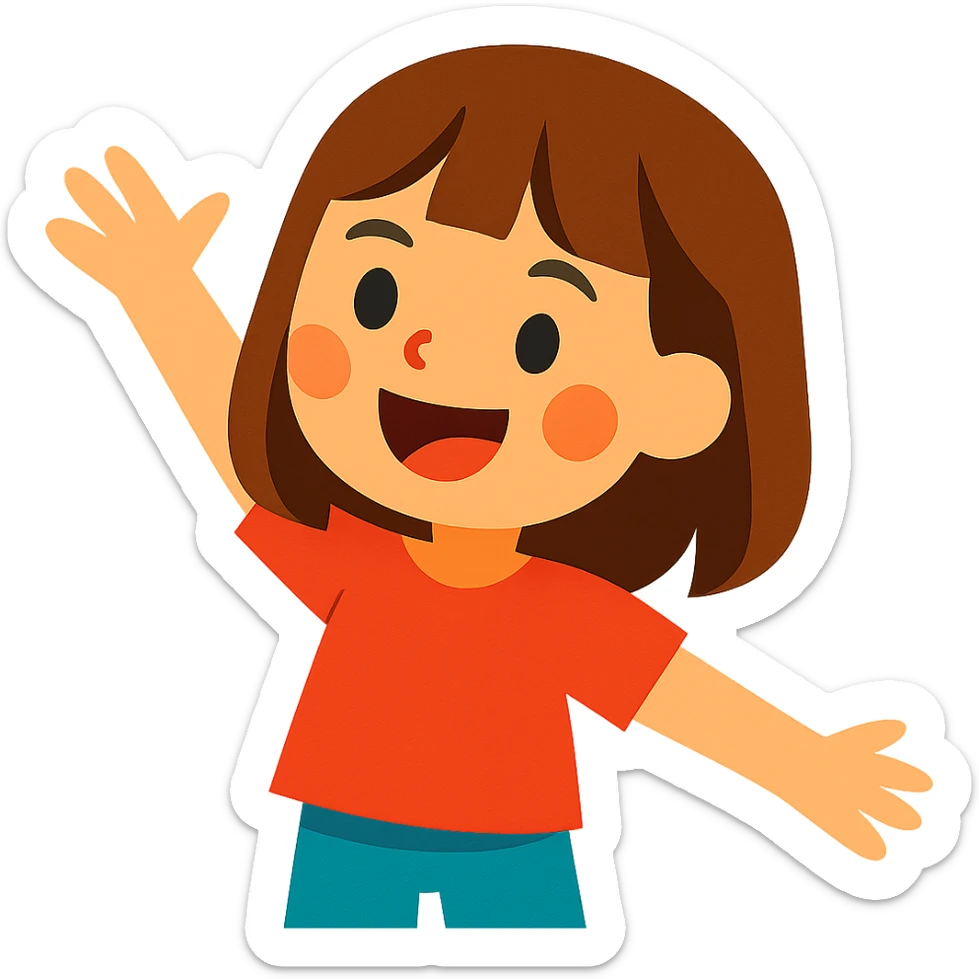 happy girl with medium straight brown hair, light skin tone, vibrant cartoon style sticker