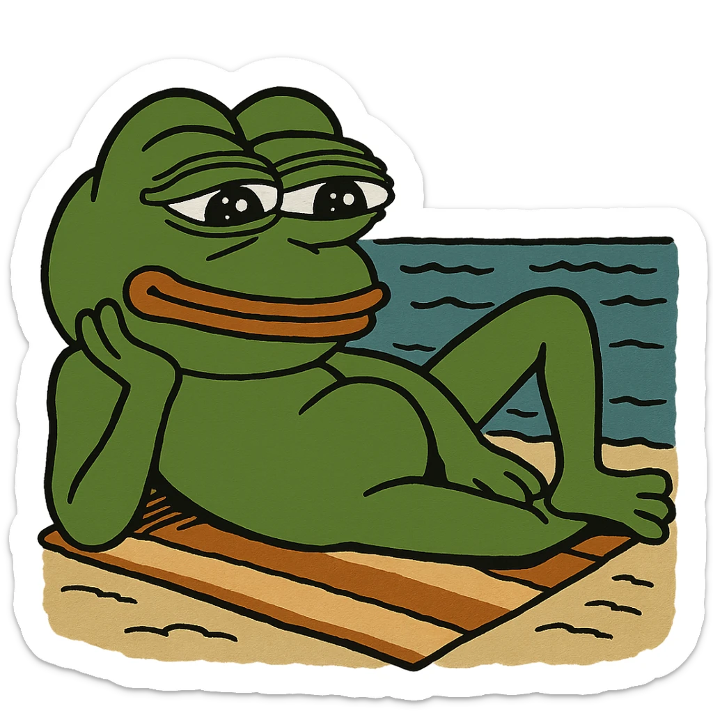 3D Pepe the Frog lying with a towel near the sea, transparent background, PNG sticker