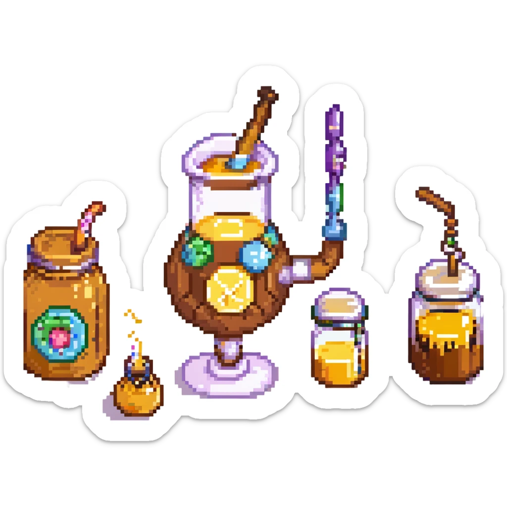 A candy-themed alchemist with caramel pipes, sugar-glass beakers, and honey-dripping mixers. The lab glows with syrupy hues and sticky textures. Interface buttons look like jelly beans, sliders resemble licorice sticks, and transitions melt like chocolate. sticker