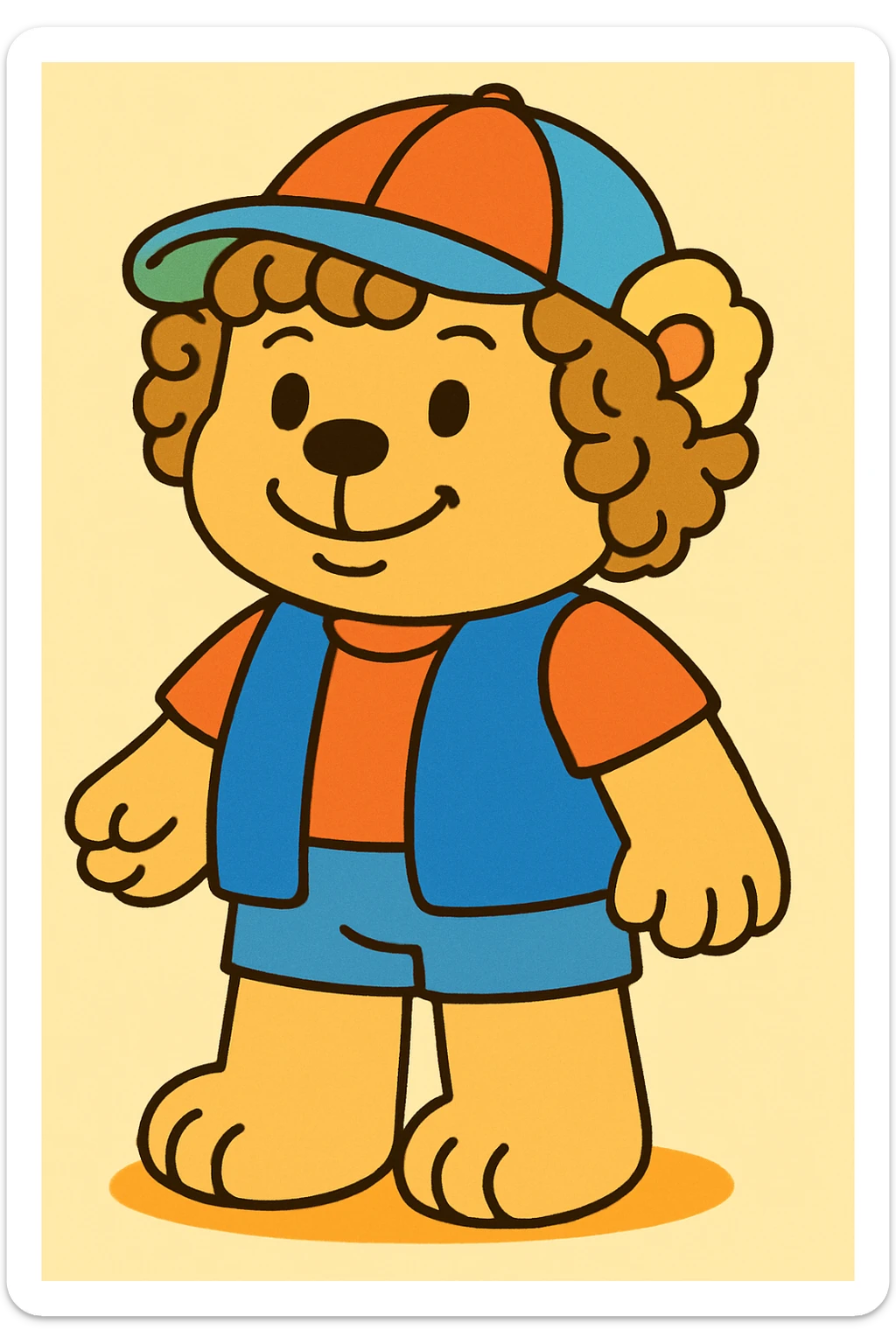 Dustin-bear wearing a blue vest, orange t-shirt, colorful cap, curly hair, friendly smile, in Bobbie Goods style. sticker