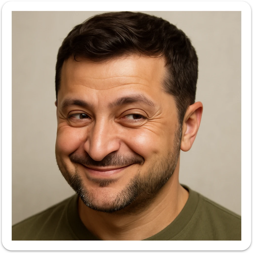 photorealistic emoji style portrait of Vladimir Zelensky with a very sly expression sticker