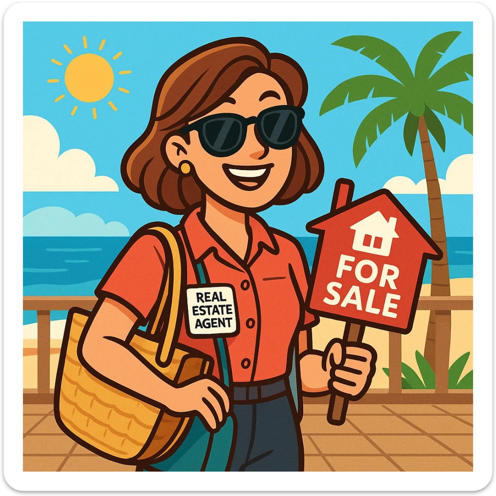 real estate agent with sunglasses, summer accessories like bag and badge, beach or terrace vibe, modern cartoon style sticker