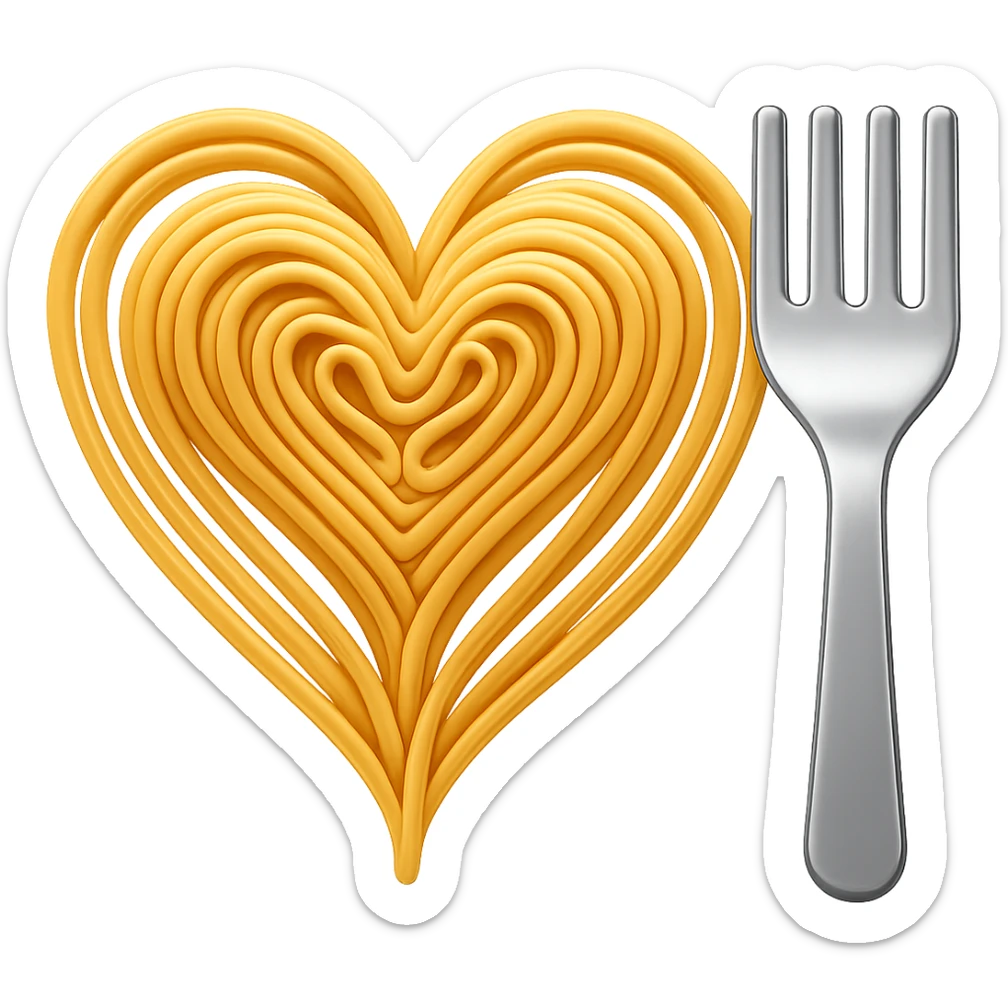 Add a silver fork next to the heart made of spaghetti in the style of emoji. Keep the emoji style look and no background. sticker