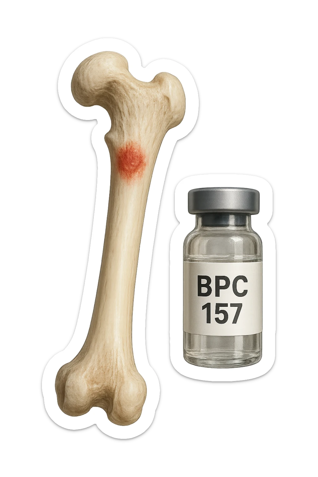 osso umano con red spot fluttua insiema a fiala medica con la scritta "BPC 157" SULL'ETICHETTA, iperrealistiche 4k sticker