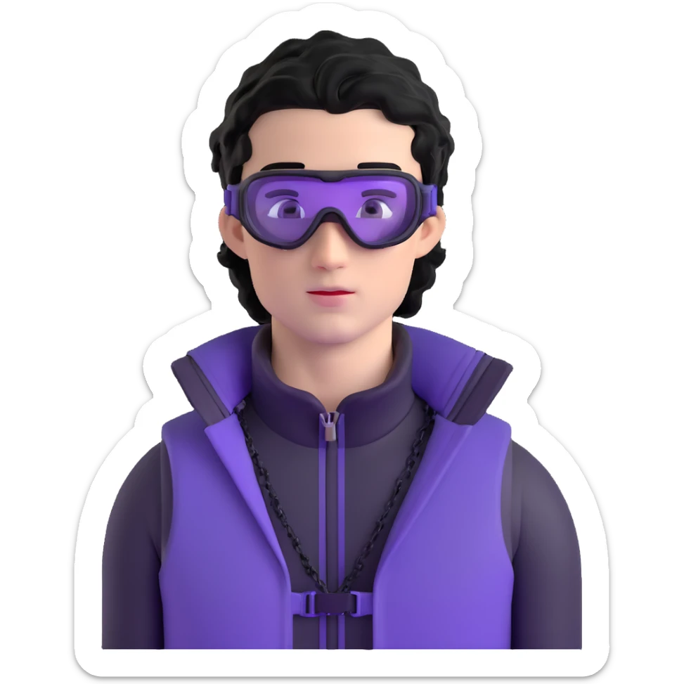 male athlete with white skin and moderately curly black hair on top with shaved sides, wearing ski goggles with purple frames and very dark black lenses, a simple plain black chain necklace, and a completely unzipped/wide open shiny purple vest fully revealing his chest and abs, no earrings sticker