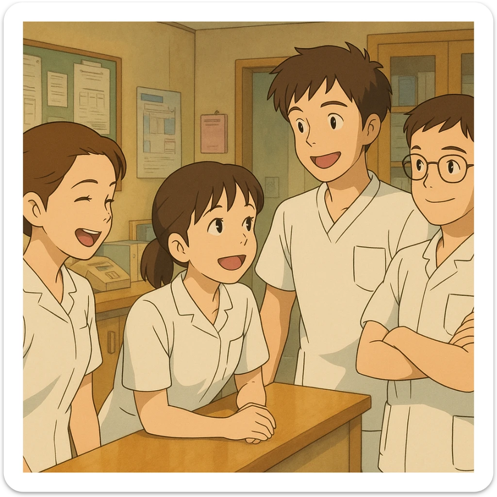Ghibli scene with four nursing students gathered in a care station, all in white short-sleeve uniforms, medical tunics with V-neck and left chest pocket, no collar stand or stethoscopes, no fabric under sleeves, team spirit, warm care environment sticker