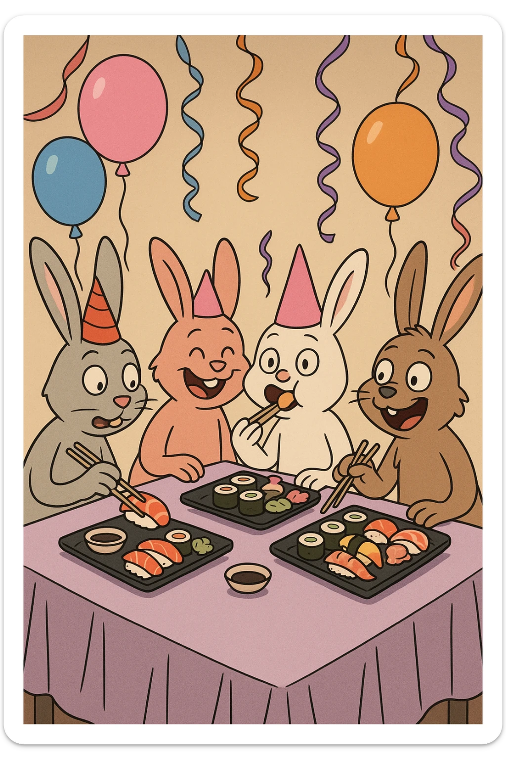 four bunny rabbits eating sushi at a birthday party, cartoon style, vibrant colors, balloons, streamers sticker