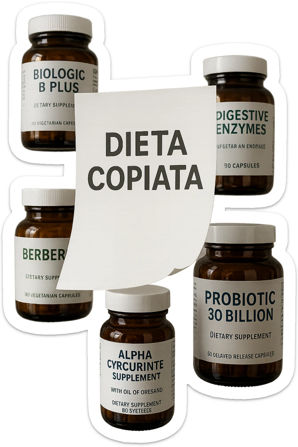 FOGLIO DI CARTA FLUTTUA IN ARIA CON LA SCRITTA "DIETA COPIATA", INSIEME A BARATTOLI DI INTEGRATORI PER CURARE IL SIBO IN ITALIANO, IPERREALISTICO 4K, NON DISEGNATO sticker