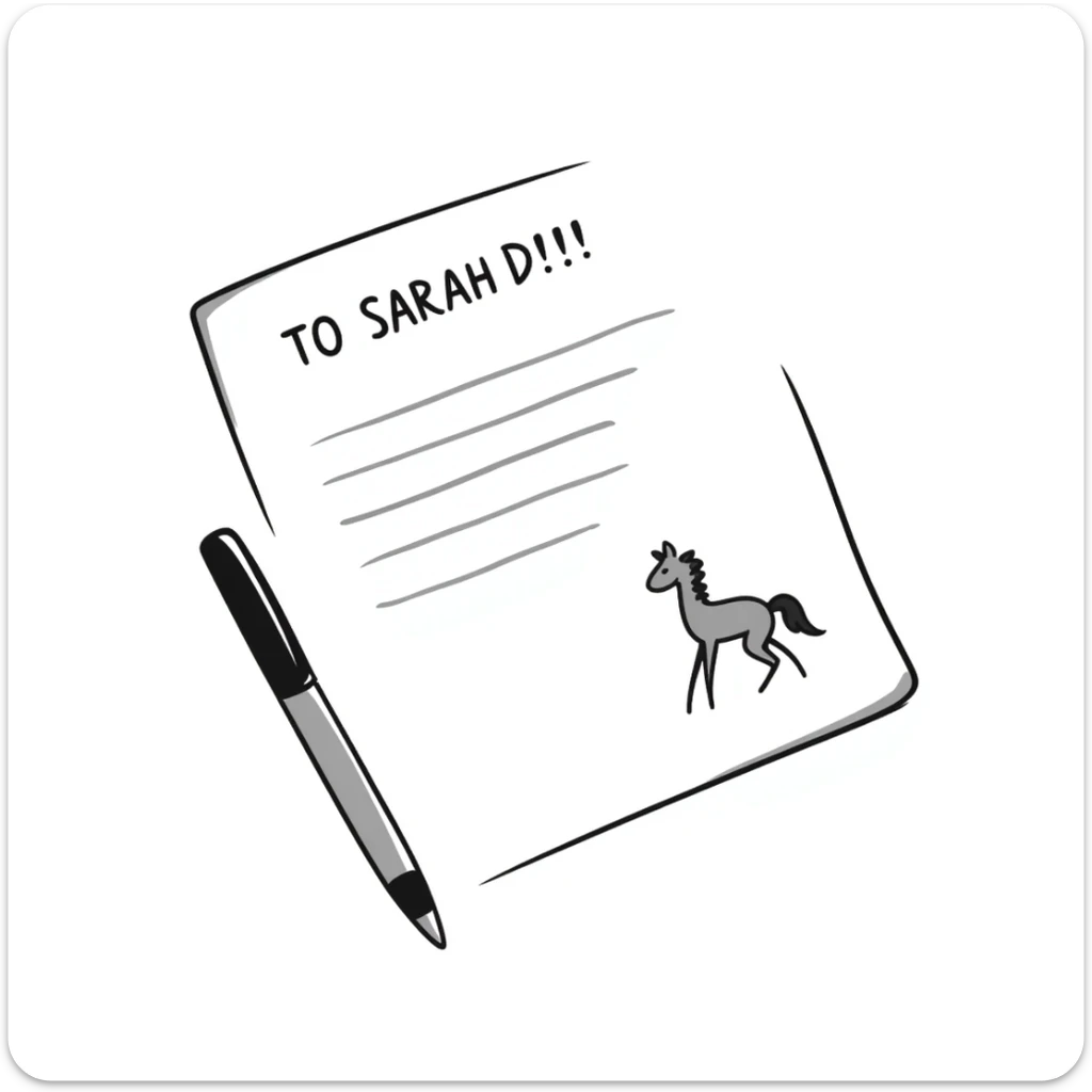 a paper letter with "TO SARAH" text written at the top of the letter, with a pen lying next to it sticker
