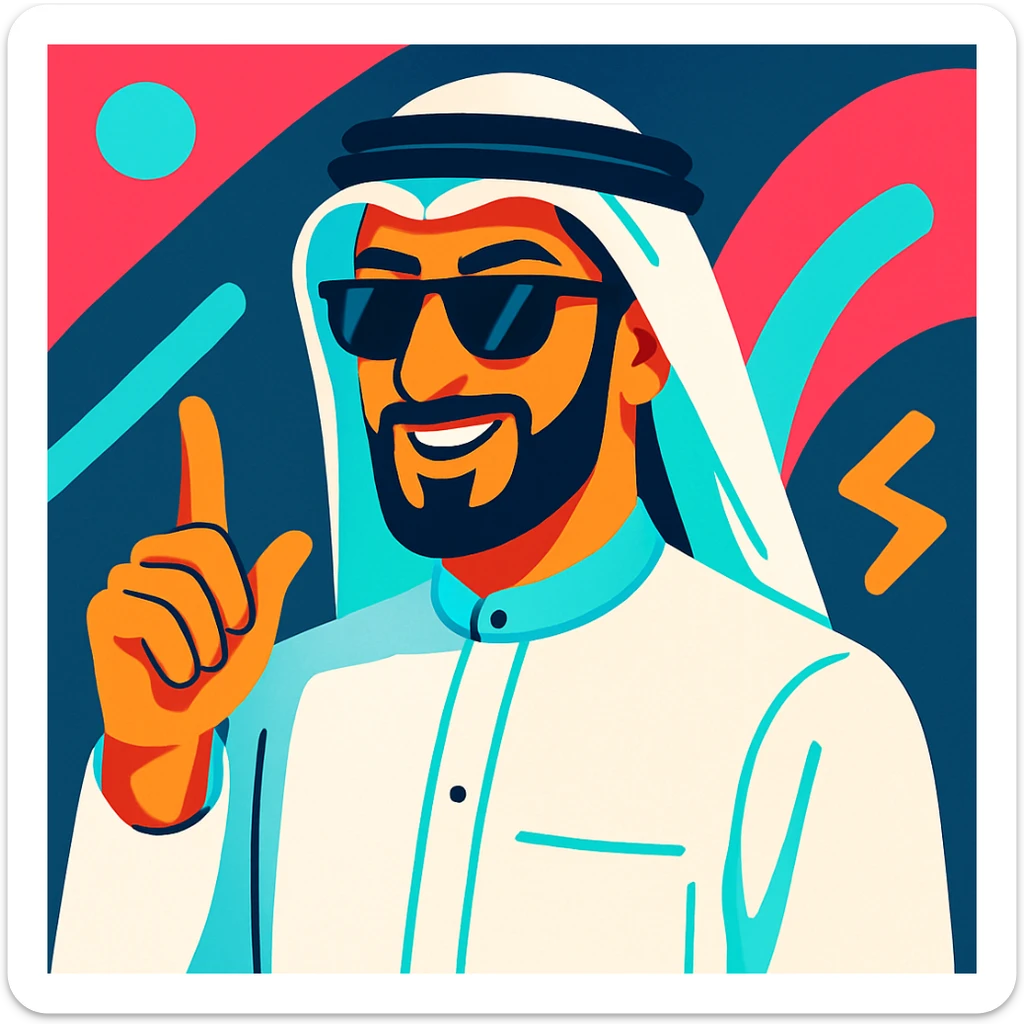 Middle Eastern man, wearing traditional Arab dress, TikTok style, fun and stylish, digital illustration sticker