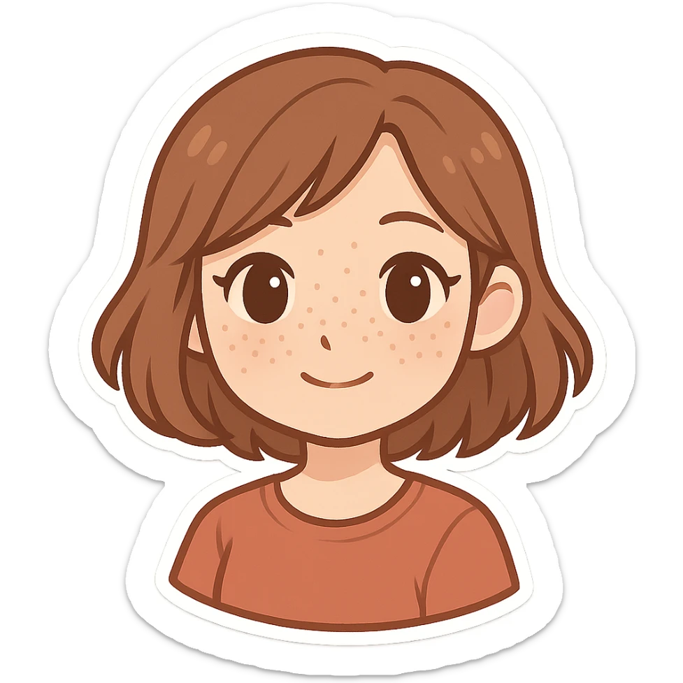 portrait of white woman with freckles, brown shoulder-length hair, chibi style sticker