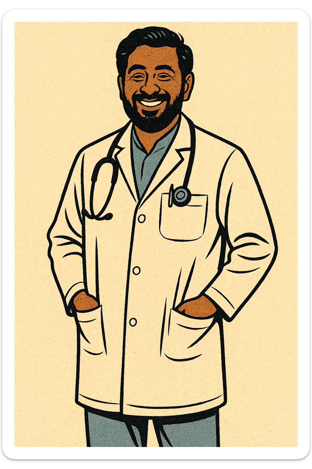 The full body of a male Indian doctor who works as a GP standing with his hands in his pockets and looking happy.  There is a stethoscope around his neck sticker