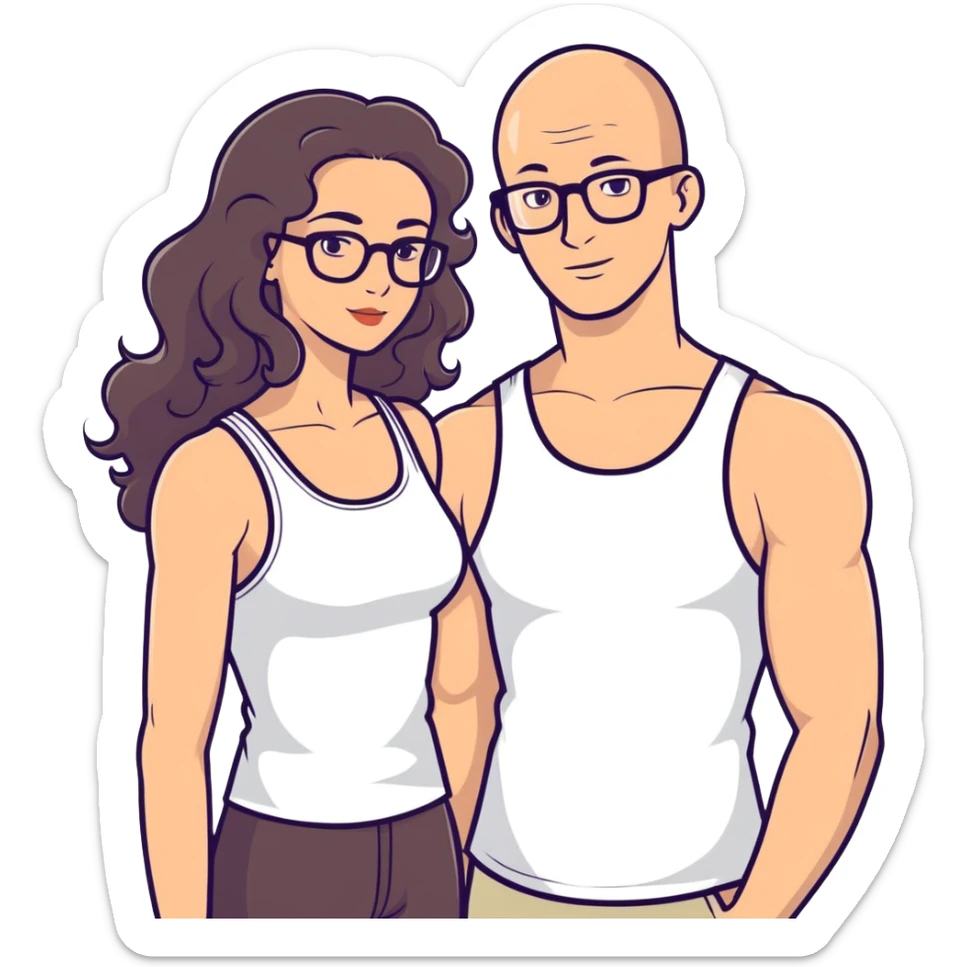 caucasian bald man with glasses and caucasian woman wearing no glasses, long curly dark hair and massive boobs and a tank top sticker