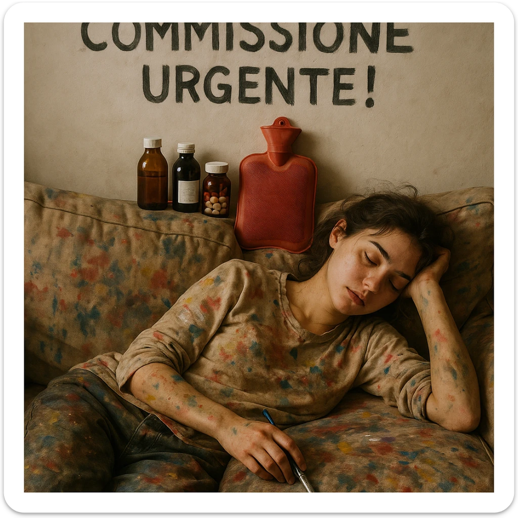 Exhausted young artist asleep on a paint-stained sofa, above her the Italian text 'Commissione urgente!', medicine bottles and hot water bottle arranged like in a trench, creative and messy atmosphere, hyperrealism 4K, Italian text. sticker