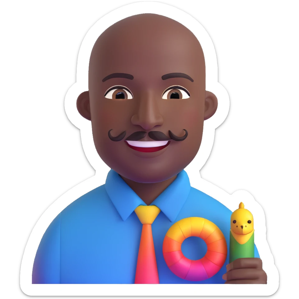 Oxumarê as a very happy and spontaneous smiling 37-year-old bald man with very dark skin, smooth oval head, indigenous facial features, mustache with circular beard only on chin (no hair on sides), a round mole on the right side below the lip, wearing a blue striped dress shirt, and a rainbow serpent, Memoji style sticker