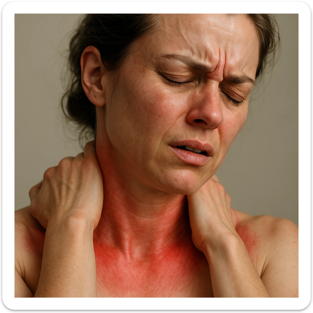 close-up of a woman with a painful expression, realistic body with red areas on neck and shoulders indicating widespread pain, hyperrealistic style, realistic anatomical details, 4K quality, neutral background sticker